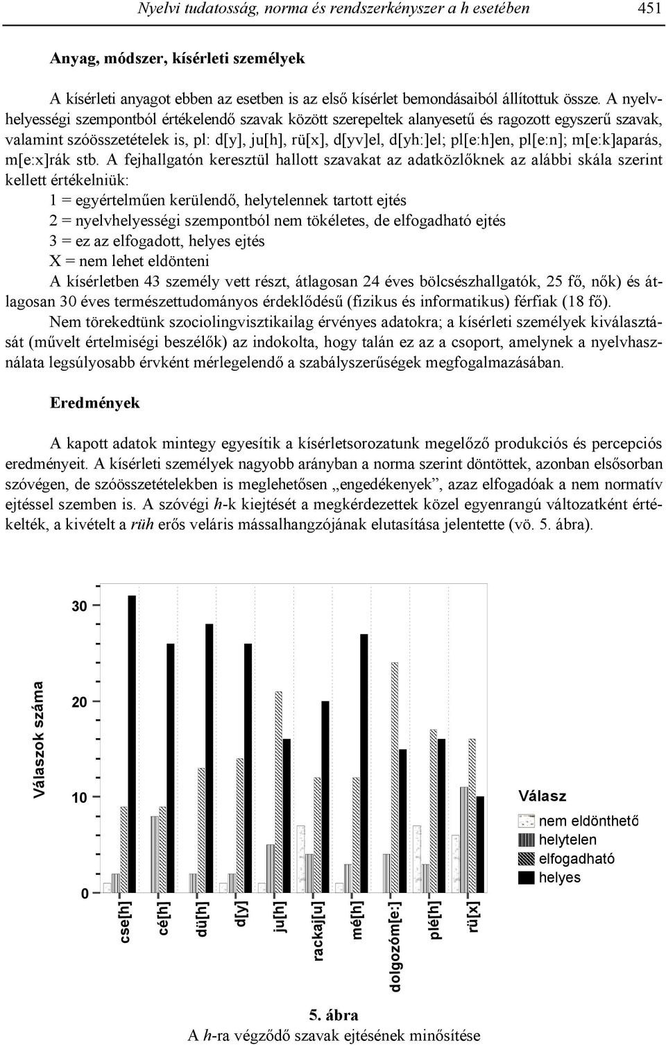 A nyelvhelyességi szempontból értékelend= szavak között szerepeltek alanyesetb és ragozott egyszerb szavak, valamint szóösszetételek is, pl: d[y], ju[h], rü[x], d[yv]el, d[yh:]el; pl[e:h]en, pl[e:n];