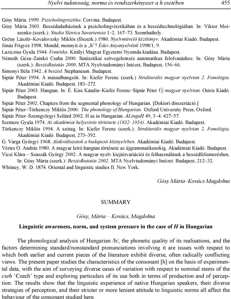 ) 1980. Nyelvm=vel0 kézikönyv. Akadémiai Kiadó. Budapest. Jónás Frigyes 1998. Mondd, mennyit ér a h? Édes Anyanyelvünk 1998/1, 9. Laziczius Gyula 1944. Fonétika.