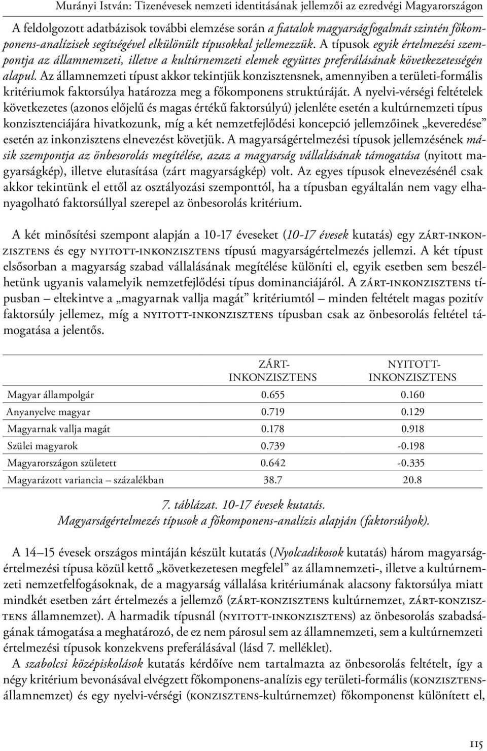 Az államnemzeti típust akkor tekintjük konzisztensnek, amennyiben a területi-formális kritériumok faktorsúlya határozza meg a főkomponens struktúráját.