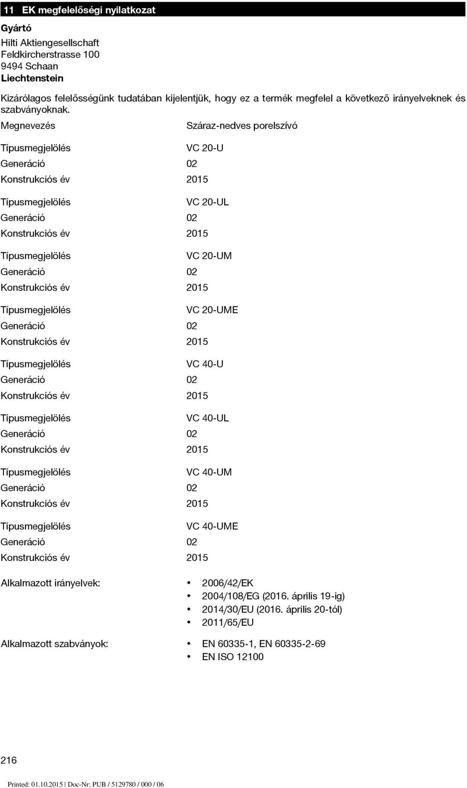 Megnevezés Típusmegjelölés VC 20-U Generáció 02 Konstrukciós év 2015 Típusmegjelölés Generáció 02 Száraz-nedves porelszívó VC 20-UL Konstrukciós év 2015 Típusmegjelölés Generáció 02 Konstrukciós év