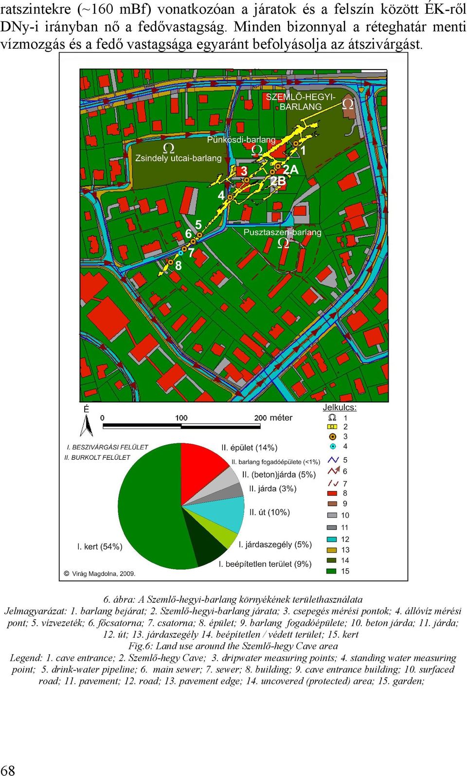 vízvezeték; 6 főcsatorna; 7 csatorna; 8 épület; 9 barlang fogadóépülete; 1 beton járda; 11 járda; 12 út; 13 járdaszegély 14 beépítetlen / védett terület; 15 kert Fig6: Land use around the Szemlő-hegy