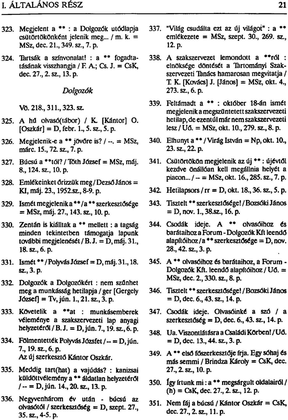 sz, 7. p. 327. Búcsú a * *tól? / Töth József = MSz, máj. 8, 124. sz, 10. p. 328. Emlékeinket őrizzük meg / Dezső János = KI, máj. 23, 1952.sz,8-9.p. 329.