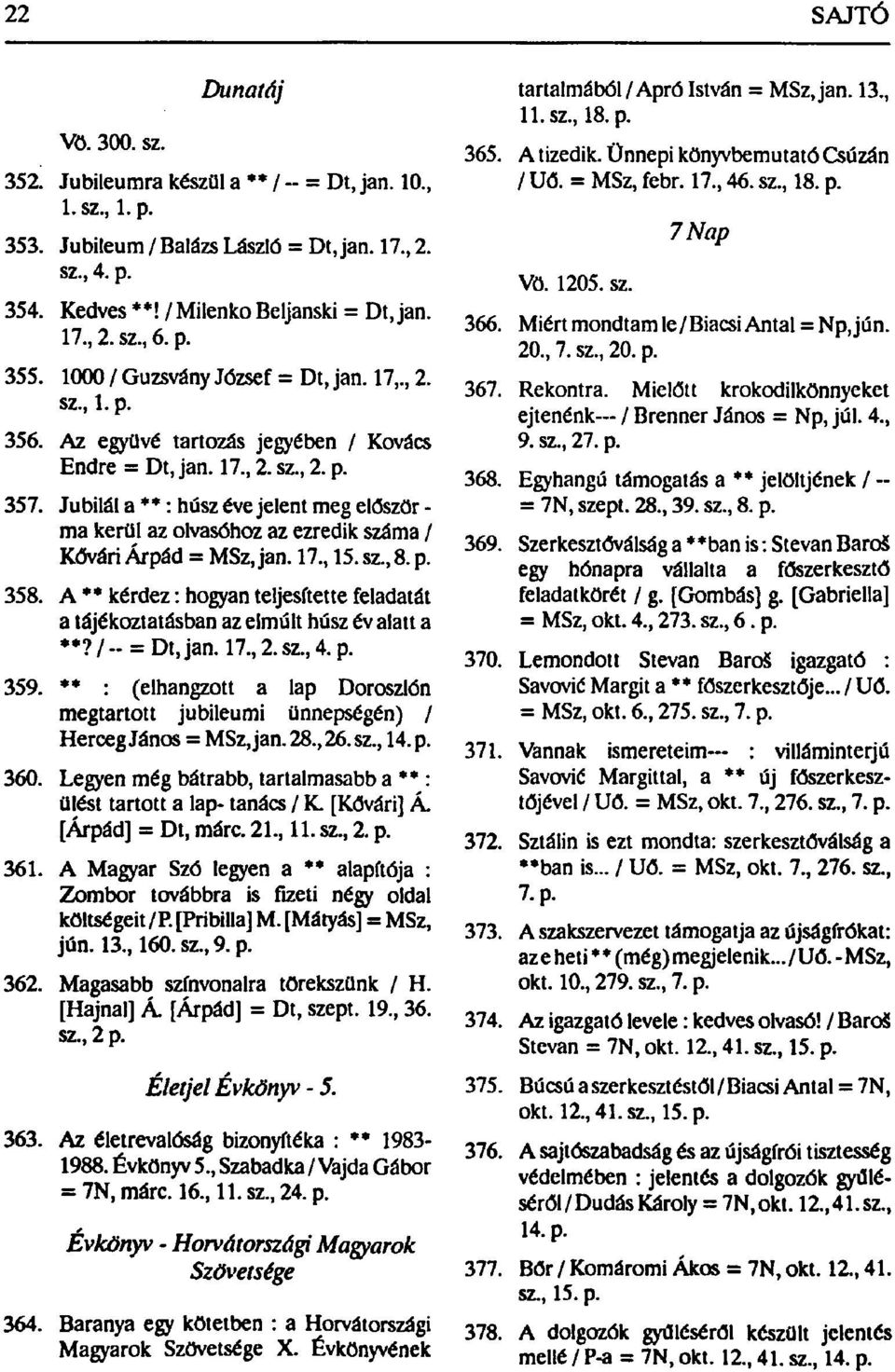 Jubilál a **: húsz éve jelent meg először - ma kerül az olvasóhoz az ezredik száma / Kővári Árpád = MSz, jan. 17,15. sz, 8. p. 358.