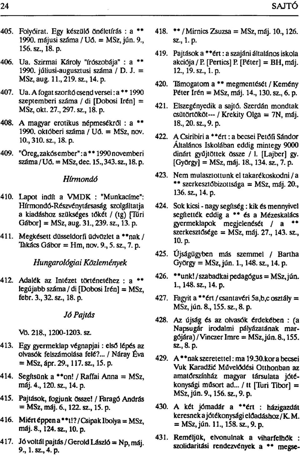 októberi száma / Uő. = MSz, nov. 10, 310. sz, 18. p. 409. "Öreg, zakós ember": a * * 1990 novemberi száma/u6. = MSz, dec. 15,343.sz, 18. p. Hírmondó 410.