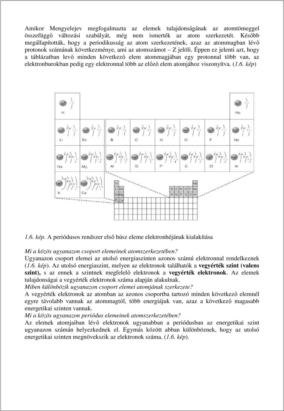 Éppen ez jelenti azt, hogy a táblázatban levő minden következő elem atommagjában egy protonnal több van, az elektronburokban pedig egy elektronnal több az előző elem atomjához viszonyítva. (1.6.