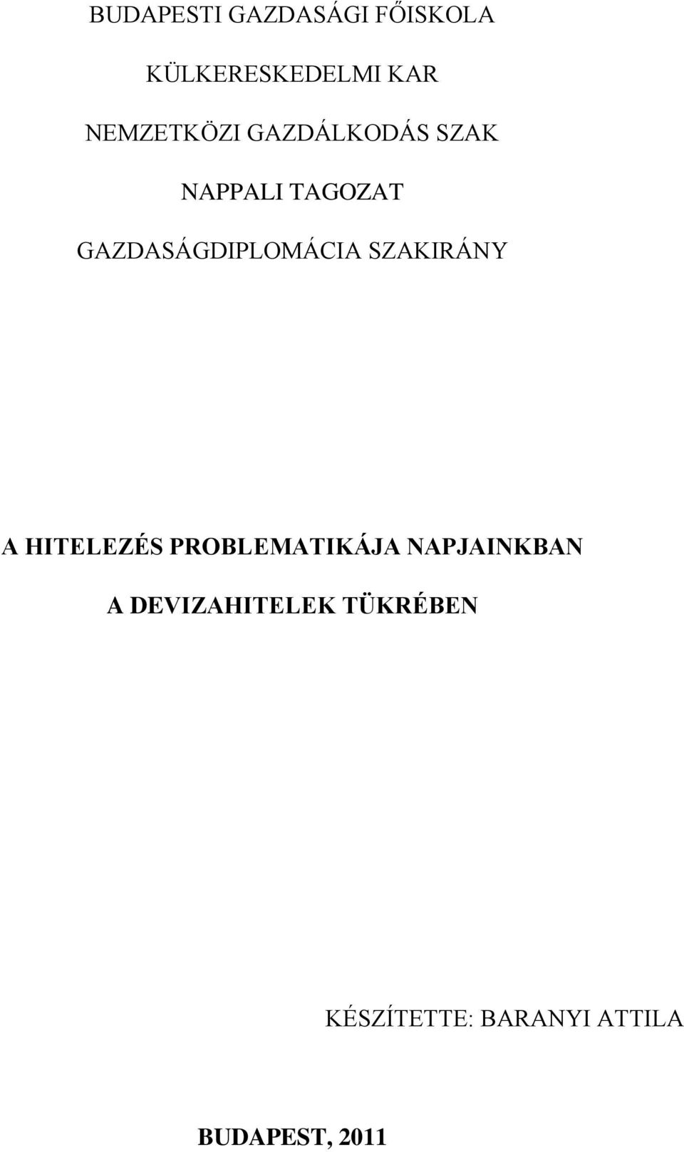 GAZDASÁGDIPLOMÁCIA SZAKIRÁNY A HITELEZÉS PROBLEMATIKÁJA