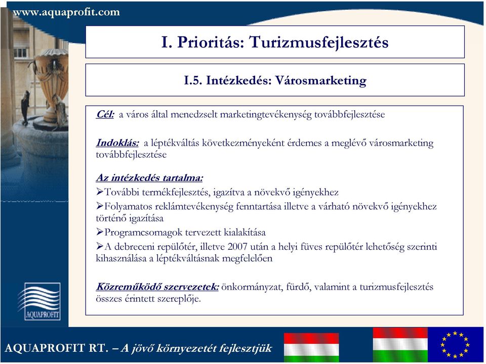 városmarketing továbbfejlesztése Az intézkedés tartalma: További termékfejlesztés, igazítva a növekvő igényekhez Folyamatos reklámtevékenység fenntartása illetve a