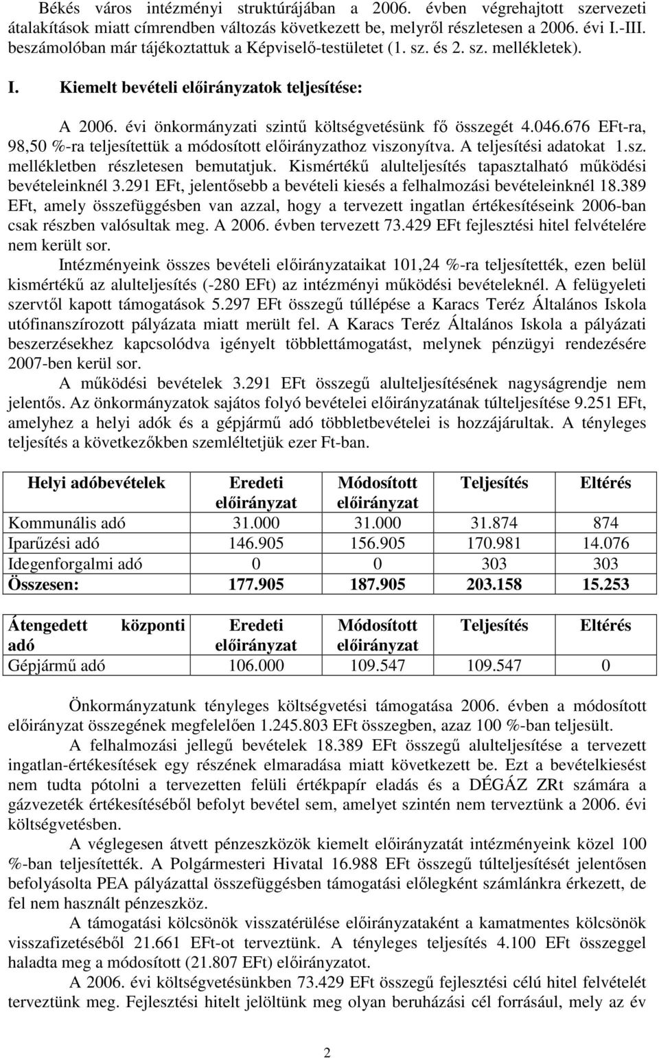 676 EFt-ra, 98,50 %-ra teljesítettük a módosított elıirányzathoz viszonyítva. A teljesítési adatokat 1.sz. mellékletben részletesen bemutatjuk.