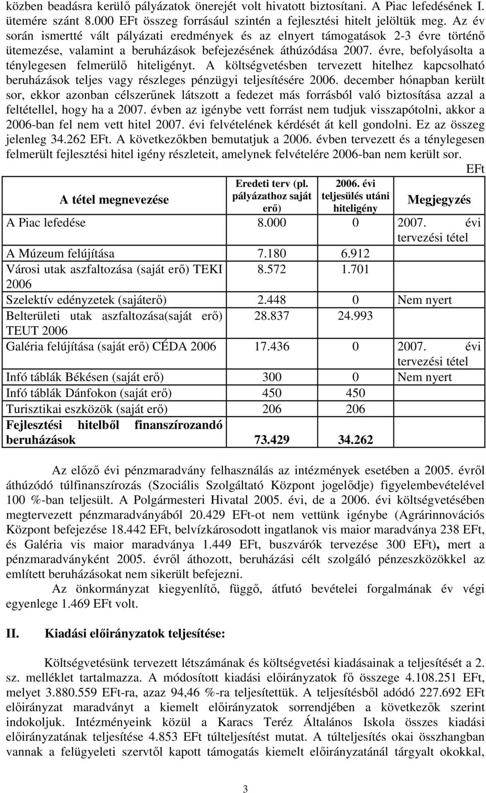 évre, befolyásolta a ténylegesen felmerülı hiteligényt. A költségvetésben tervezett hitelhez kapcsolható beruházások teljes vagy részleges pénzügyi teljesítésére 2006.