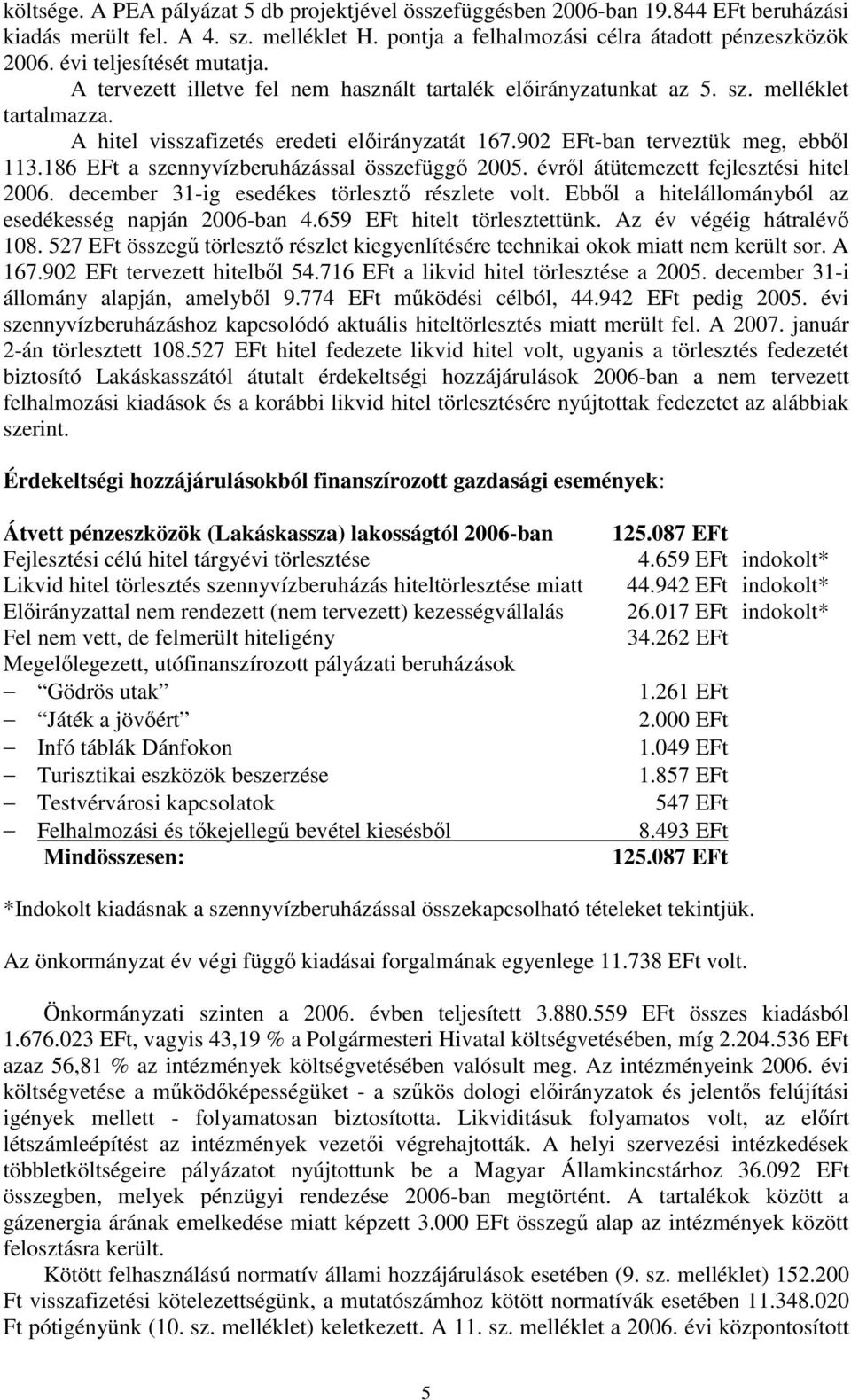 902 EFt-ban terveztük meg, ebbıl 113.186 EFt a szennyvízberuházással összefüggı 2005. évrıl átütemezett fejlesztési hitel 2006. december 31-ig esedékes törlesztı részlete volt.