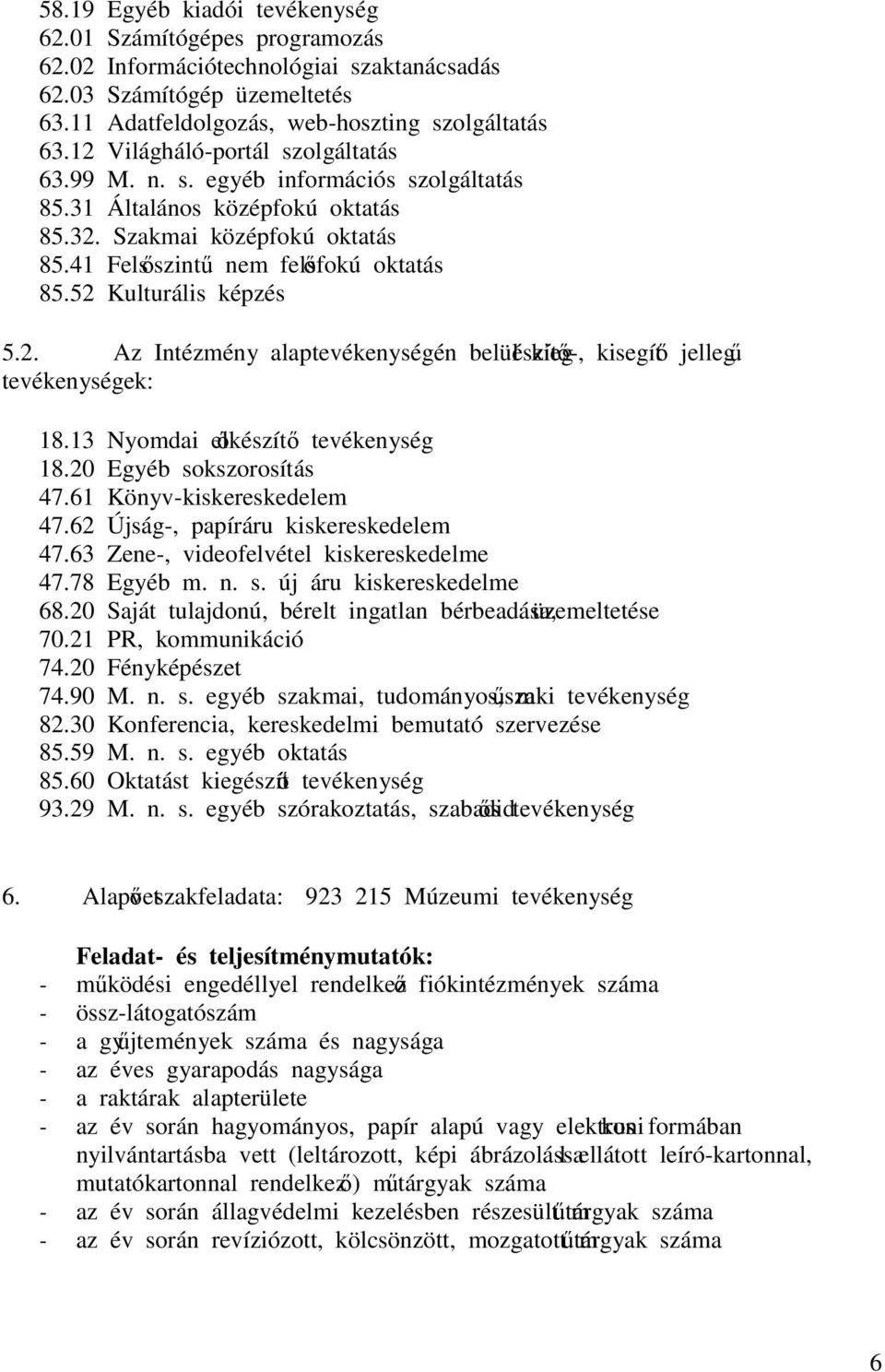 52 Kulturális képzés 5.2. Az Intézmény alaptevékenységén belül kiegészítő-, kisegítő jellegű tevékenységek: 18.13 Nyomdai előkészítő tevékenység 18.20 Egyéb sokszorosítás 47.