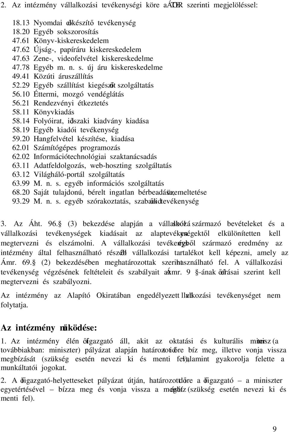 10 Éttermi, mozgó vendéglátás 56.21 Rendezvényi étkeztetés 58.11 Könyvkiadás 58.14 Folyóirat, időszaki kiadvány kiadása 58.19 Egyéb kiadói tevékenység 59.20 Hangfelvétel készítése, kiadása 62.