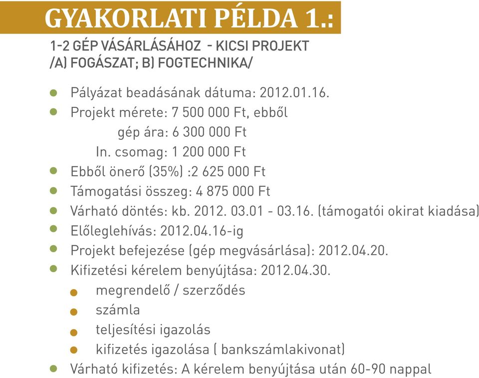 csomag: 1 200 000 Ft Ebből önerő (35%) :2 625 000 Ft Támogatási összeg: 4 875 000 Ft Várható döntés: kb. 2012. 03.01-03.16.