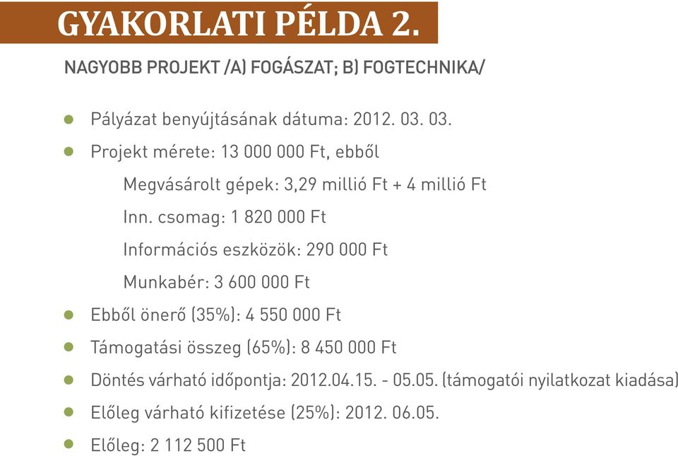 csomag: 1 820 000 Ft Információs eszközök: 290 000 Ft Munkabér: 3 600 000 Ft Ebből önerő (35%): 4 550 000 Ft