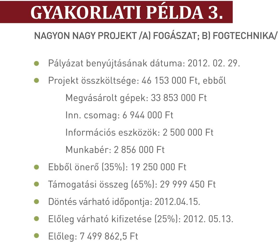 csomag: 6 944 000 Ft Információs eszközök: 2 500 000 Ft Munkabér: 2 856 000 Ft Ebből önerő (35%): 19