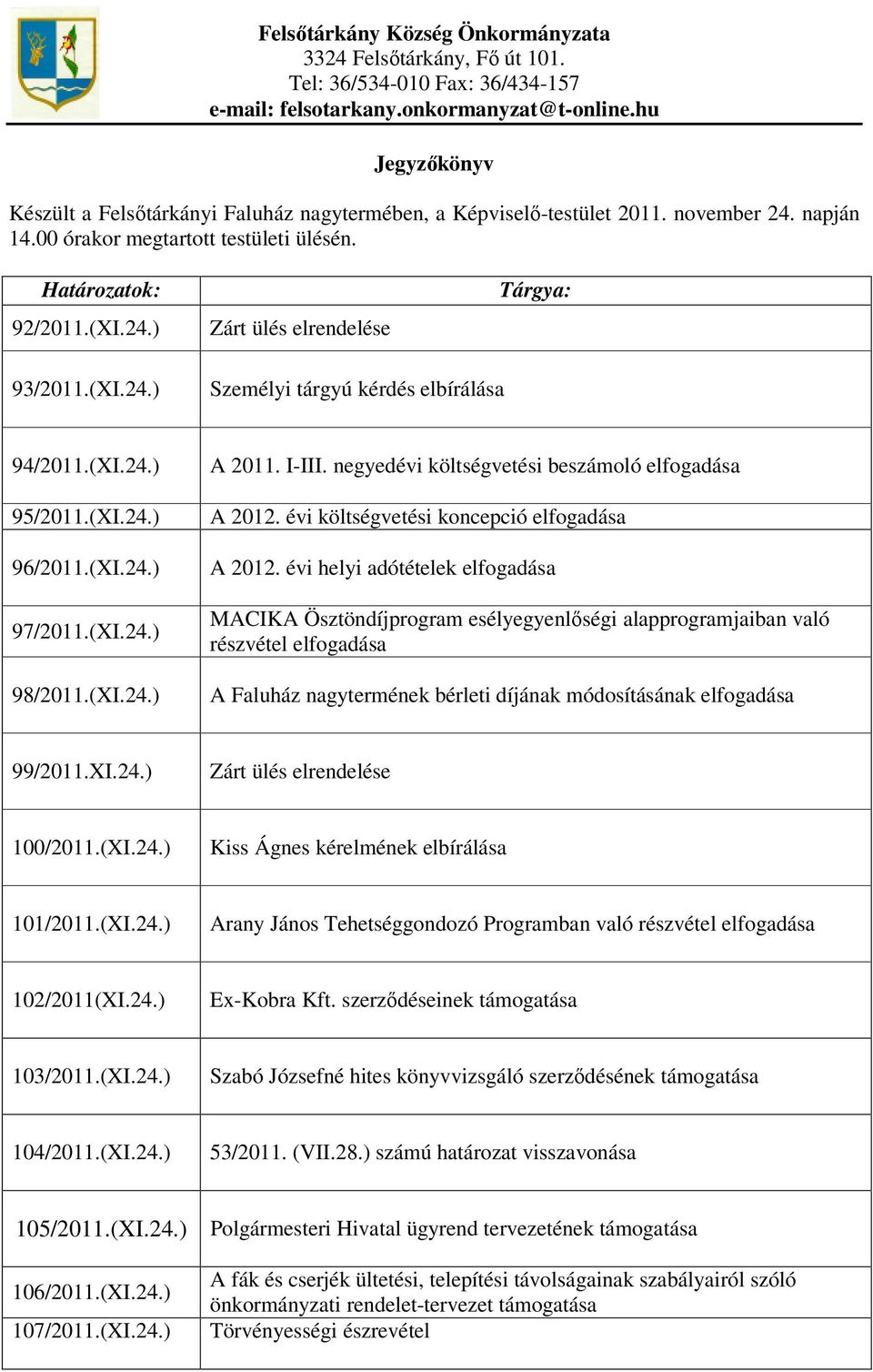 (XI.24.) Személyi tárgyú kérdés elbírálása 94/2011.(XI.24.) 95/2011.(XI.24.) 96/2011.(XI.24.) 97/2011.(XI.24.) 98/2011.(XI.24.) A 2011. I-III. negyedévi költségvetési beszámoló elfogadása A 2012.