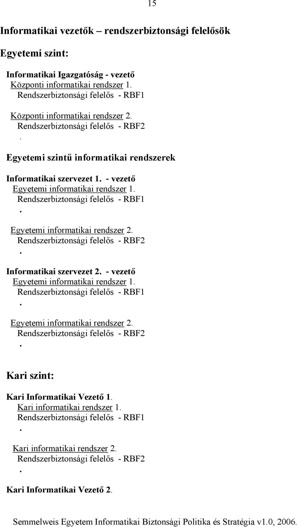 - vezető Egyetemi informatikai rendszer 1. Rendszerbiztonsági felelős - RBF1. Egyetemi informatikai rendszer 2. Rendszerbiztonsági felelős - RBF2. Informatikai szervezet 2.