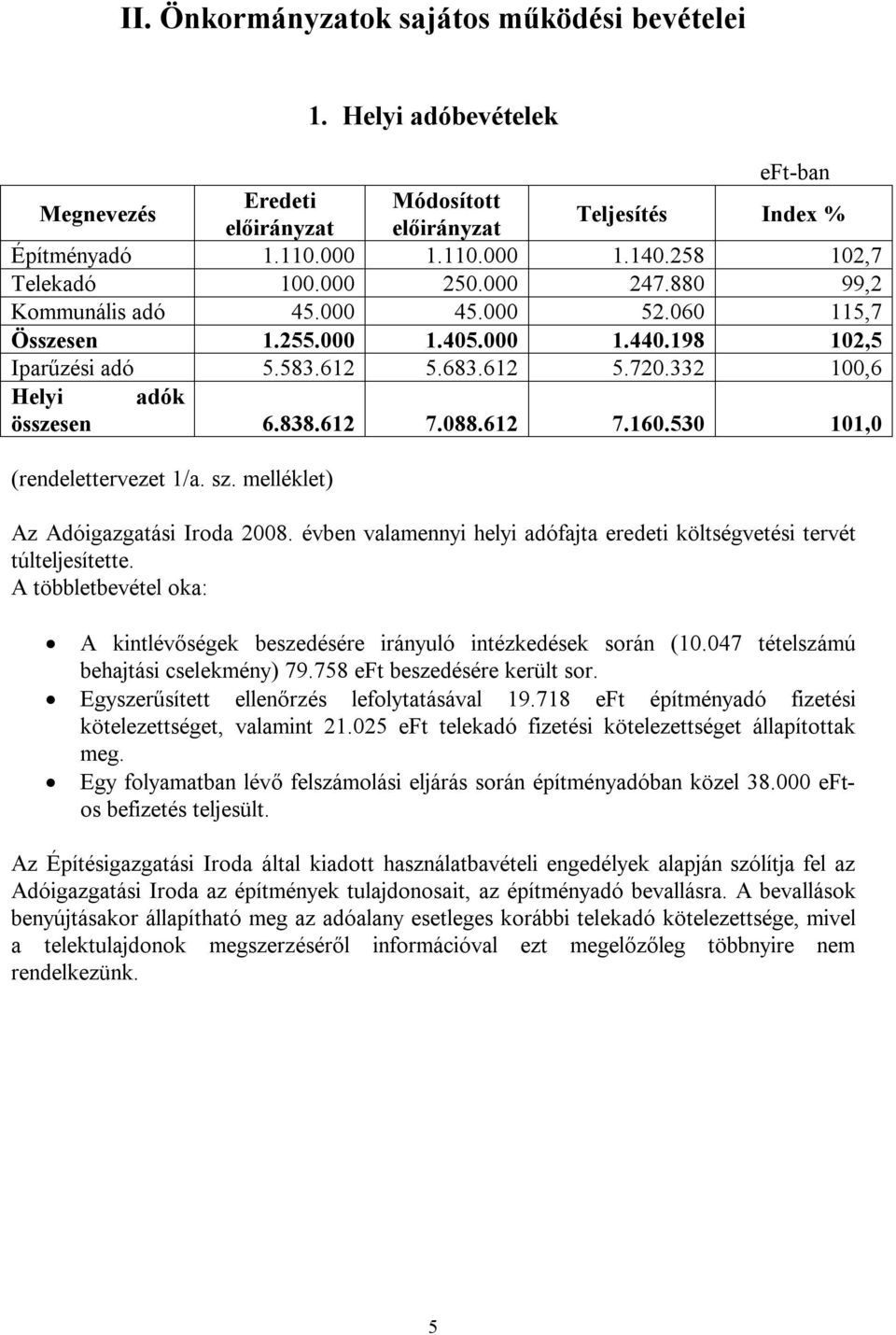 melléklet) Az Adóigazgatási Iroda 2008. évben valamennyi helyi adófajta eredeti költségvetési tervét túlteljesítette. A többletbevétel oka: A kintlévőségek beszedésére irányuló intézkedések során (10.