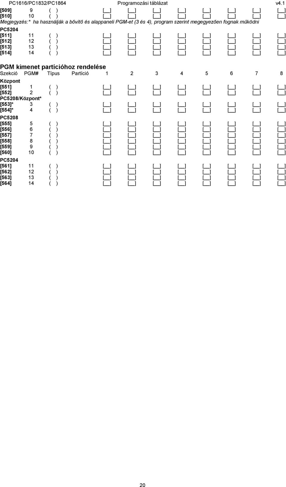 partícióhoz rendelése Szekció PGM# Típus Partíció 1 2 3 4 5 6 7 8 Központ [551] 1 ( ) [ ] [ ] [ ] [ ] [ ] [ ] [ ] [ ] [552] 2 ( ) [ ] [ ] [ ] [ ] [ ] [ ] [ ] [ ] PC5208/Központ* [553]* 3 ( ) [ ] [ ]