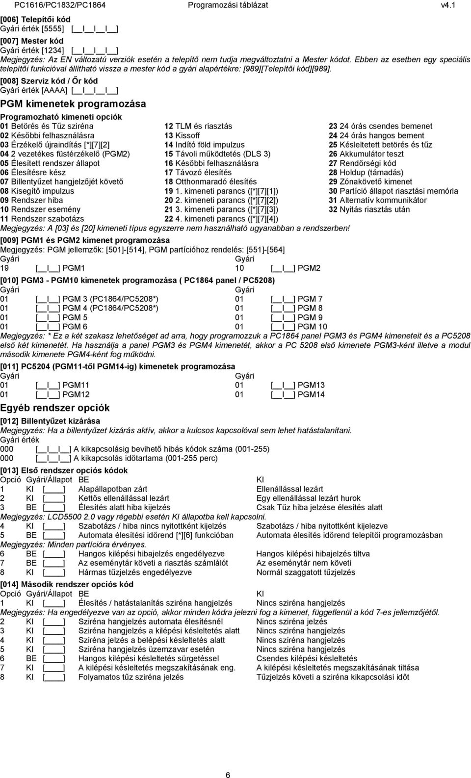 [008] Szerviz kód / Őr kód Gyári érték [AAAA] [ I I I ] PGM kimenetek programozása Programozható kimeneti opciók 01 Betörés és Tűz sziréna 02 Későbbi felhasználásra 03 Érzékelő újraindítás [*][7][2]