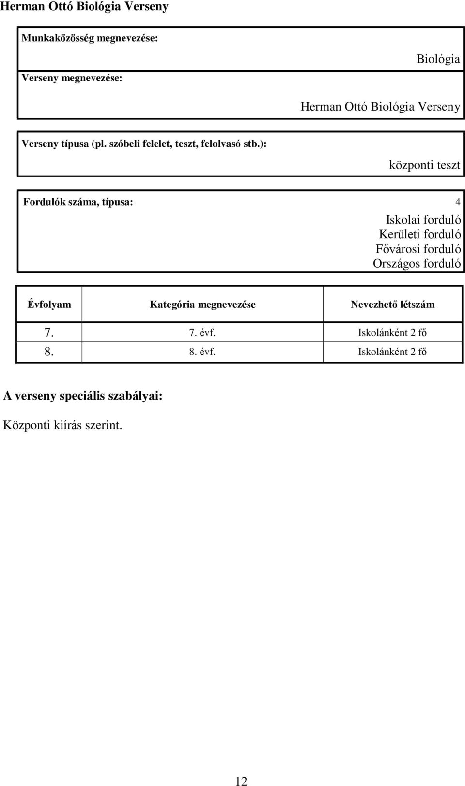 ): központi teszt Fordulók száma, típusa: 4 Iskolai forduló Kerületi forduló