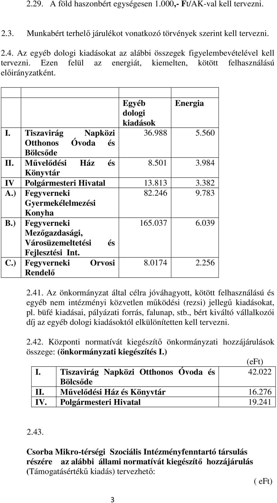 Tiszavirág Napközi Otthonos Óvoda és Bölcsőde II. Művelődési Ház és Könyvtár Egyéb Energia dologi kiadások 36.988 5.560 8.501 3.984 IV Polgármesteri Hivatal 13.813 3.382 A.