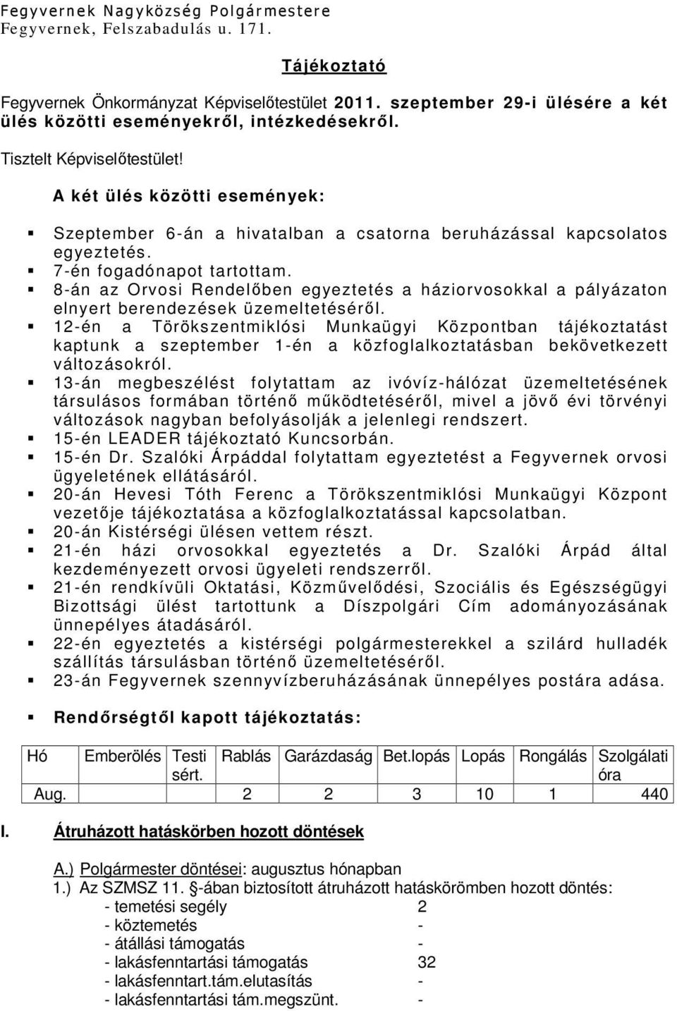 A két ülés közötti események: Szeptember 6-án a hivatalban a csatorna beruházással kapcsolatos egyeztetés. 7-én fogadónapot tartottam.