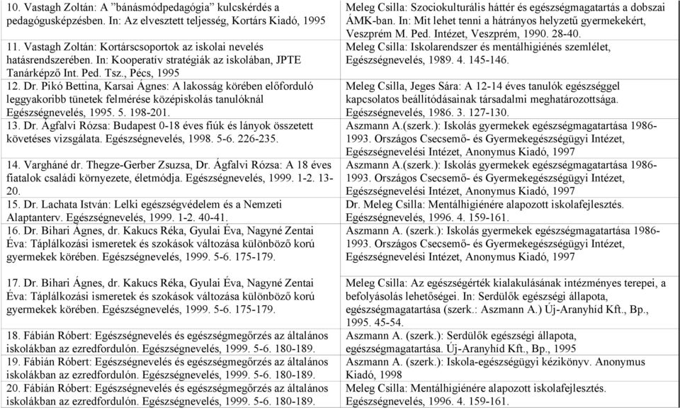 Pikó Bettina, Karsai Ágnes: A lakosság körében előforduló leggyakoribb tünetek felmérése középiskolás tanulóknál Egészségnevelés, 1995. 5. 198-201. 13. Dr.