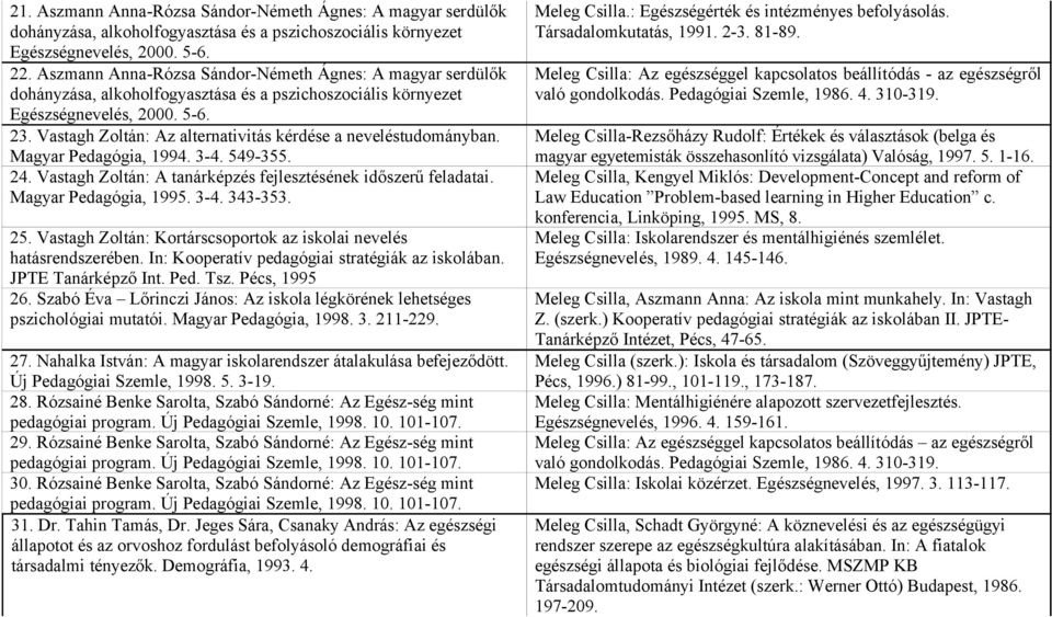 Vastagh Zoltán: Az alternativitás kérdése a neveléstudományban. Magyar Pedagógia, 1994. 3-4. 549-355. 24. Vastagh Zoltán: A tanárképzés fejlesztésének időszerű feladatai. Magyar Pedagógia, 1995. 3-4. 343-353.