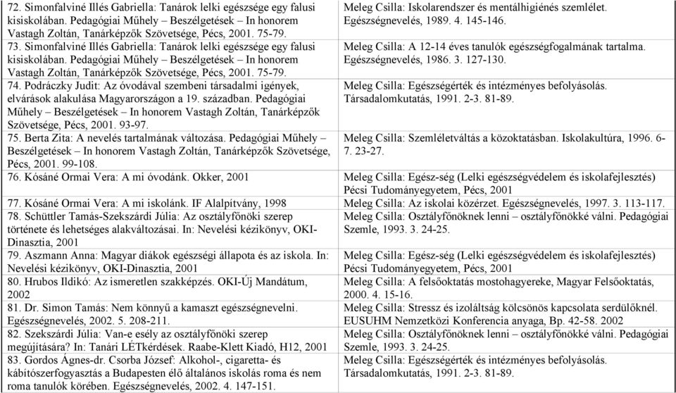 Pedagógiai Műhely Beszélgetések In honorem Vastagh Zoltán, Tanárképzők Szövetsége, Pécs, 2001. 93-97. 75. Berta Zita: A nevelés tartalmának változása.