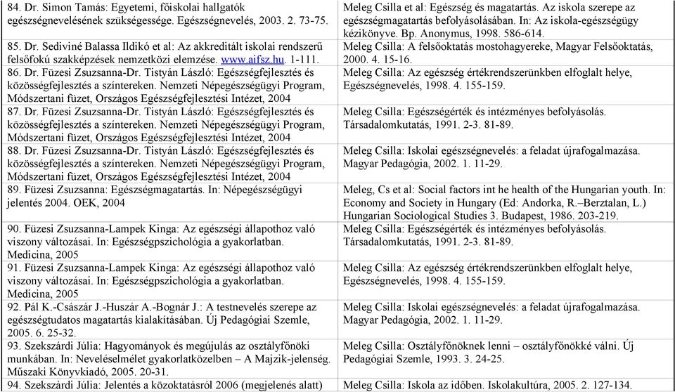 Nemzeti Népegészségügyi Program, Módszertani füzet, Országos Egészségfejlesztési Intézet, 2004 87. Dr. Füzesi Zsuzsanna-Dr. Tistyán László: Egészségfejlesztés és közösségfejlesztés a színtereken.