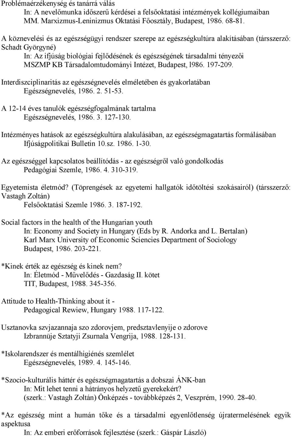 Társadalomtudományi Intézet, Budapest, l986. 197-209. Interdiszciplinaritás az egészségnevelés elméletében és gyakorlatában Egészségnevelés, 1986. 2. 51-53.