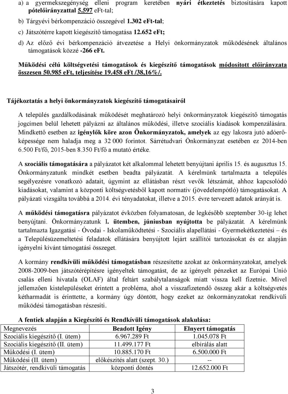 Működési célú költségvetési támogatások és kiegészítő támogatások módosított előirányzata összesen 50.985 eft, teljesítése 19.458 eft /38,16%/.