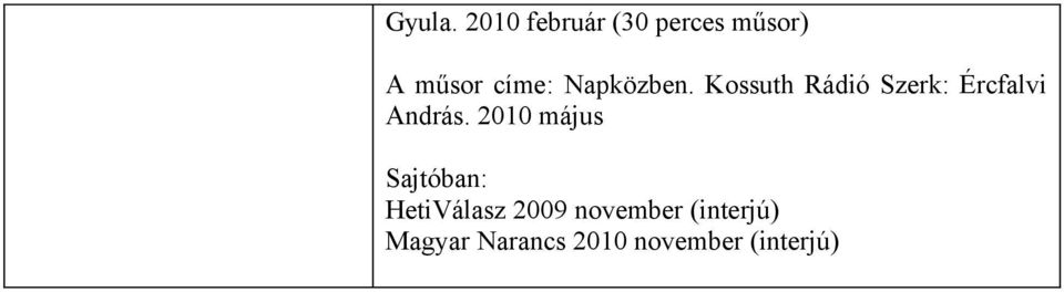 Napközben. Kossuth Rádió Szerk: Ércfalvi András.