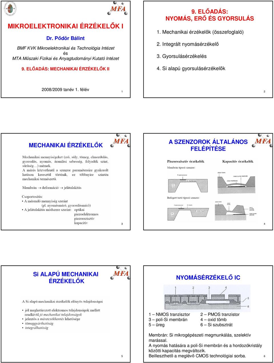 félév 1 2 MECHANIKAI ÉRZÉKELİK A SZENZOROK ÁLTALÁNOS FELÉPÍTÉSE 3 4 Si ALAPÚ MECHANIKAI ÉRZÉKELİK NYOMÁSÉRZÉKELİ IC 1 NMOS tranzisztor 2 PMOS tranzistor 3 poli-si membrán 4 oxid tömb 5 üreg 6