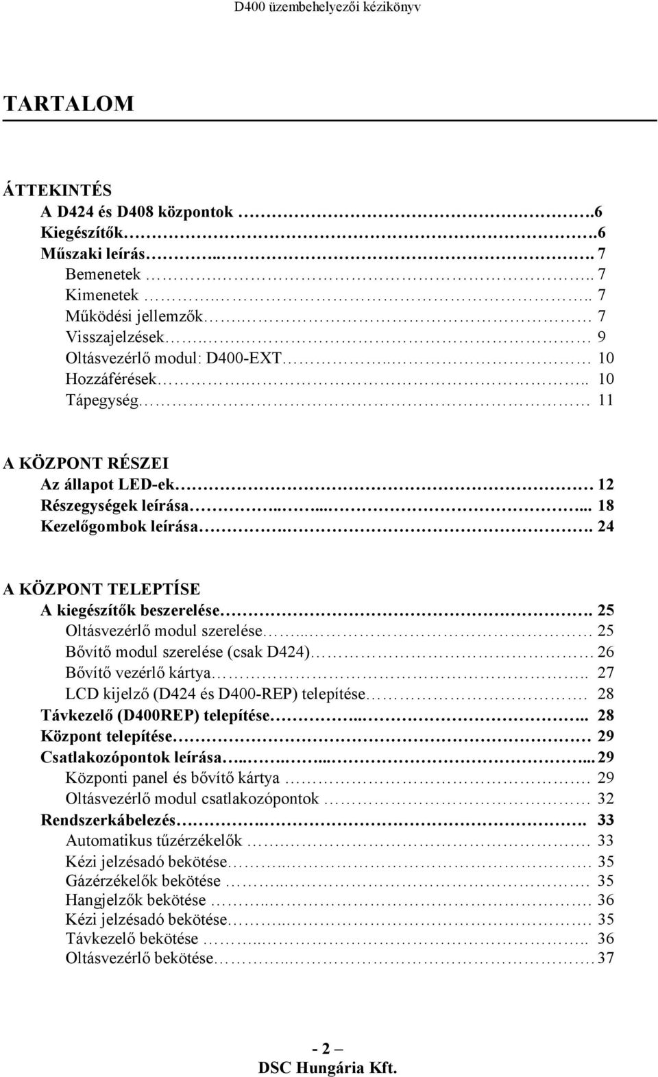 .. 25 Bővítő modul szerelése (csak D424) 26 Bővítő vezérlő kártya.. 27 LCD kijelző (D424 és D400-REP) telepítése. 28 Távkezelő (D400REP) telepítése.... 28 Központ telepítése 29 Csatlakozópontok leírása.