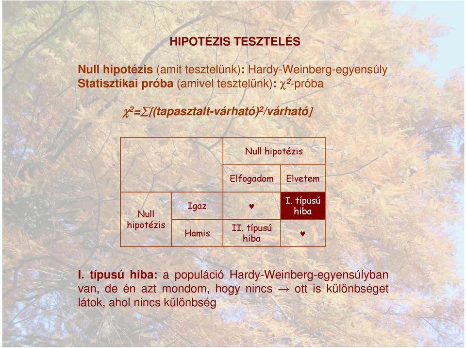 Elvetem Null hipotézis Igaz Hamis II. típusú hiba I.