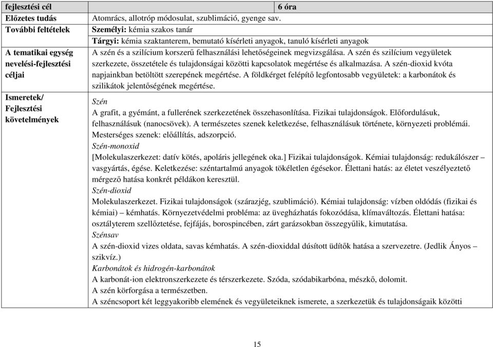 A szén és szilícium vegyületek szerkezete, összetétele és tulajdonságai közötti kapcsolatok megértése és alkalmazása. A szén-dioxid kvóta napjainkban betöltött szerepének megértése.