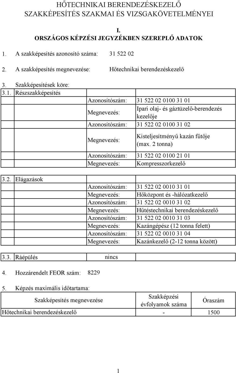 Részszakképesítés Azonosítószám: 1 522 02 0100 1 01 Megnevezés: Ipari olaj- és gáztüzelő-berendezés kezelője Azonosítószám: 1 522 02 0100 1 02 Megnevezés: Kisteljesítményű kazán fűtője (max.