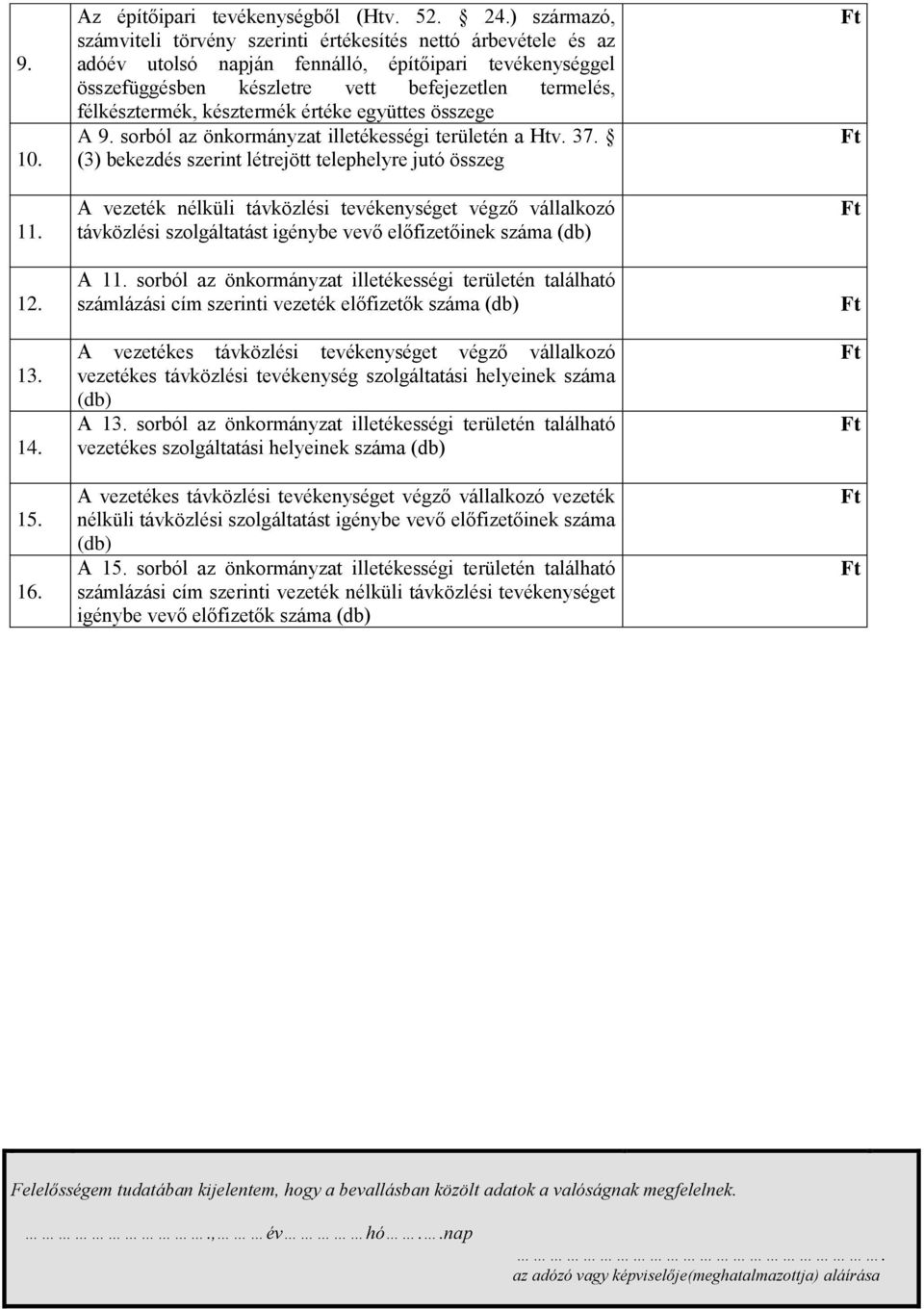 késztermék értéke együttes összege A 9. sorból az önkormányzat illetékességi területén a Htv. 37.