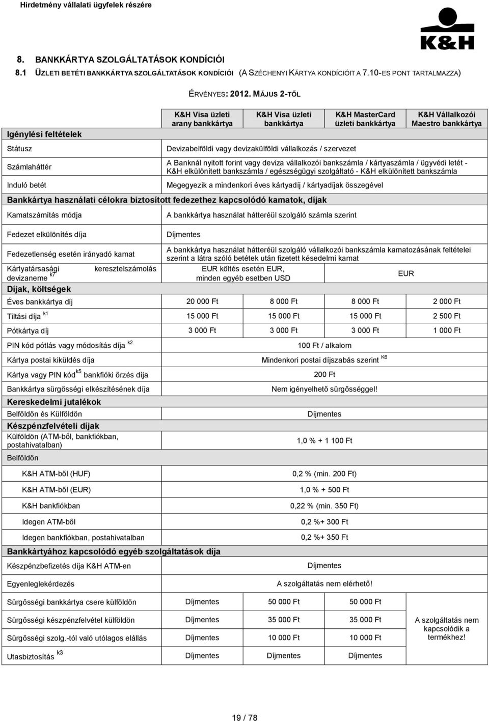 MasterCard üzleti bankkártya K&H Vállalkozói Maestro bankkártya A Banknál nyitott forint vagy deviza vállalkozói bankszámla / kártyaszámla / ügyvédi letét - K&H elkülönített bankszámla / egészségügyi