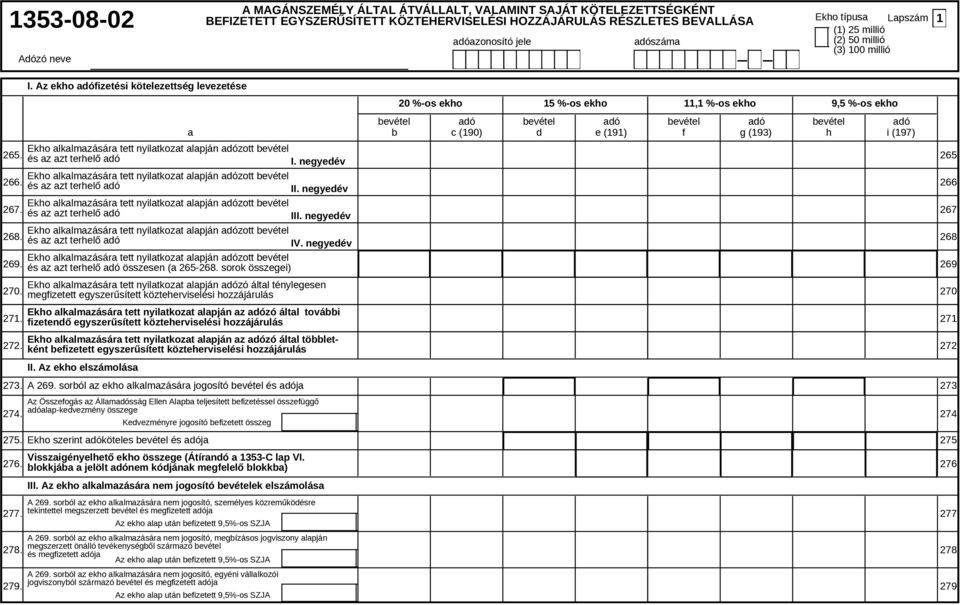 Ekho alkalmazására tett nyilatkozat alapján adózott bevétel és az azt terhelő adó I. negyedév 265. 266. Ekho alkalmazására tett nyilatkozat alapján adózott bevétel és az azt terhelő adó II.