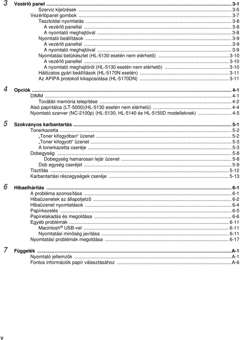 ..3-10 A nyomtató meghajtóról (HL-5130 esetén nem elérhetõ)... 3-10 Hálózatos gyári beállítások (HL-5170N esetén)... 3-11 Az APIPA protokoll kikapcsolása (HL-5170DN)... 3-11 4 Opciók... 4-1 DIMM.