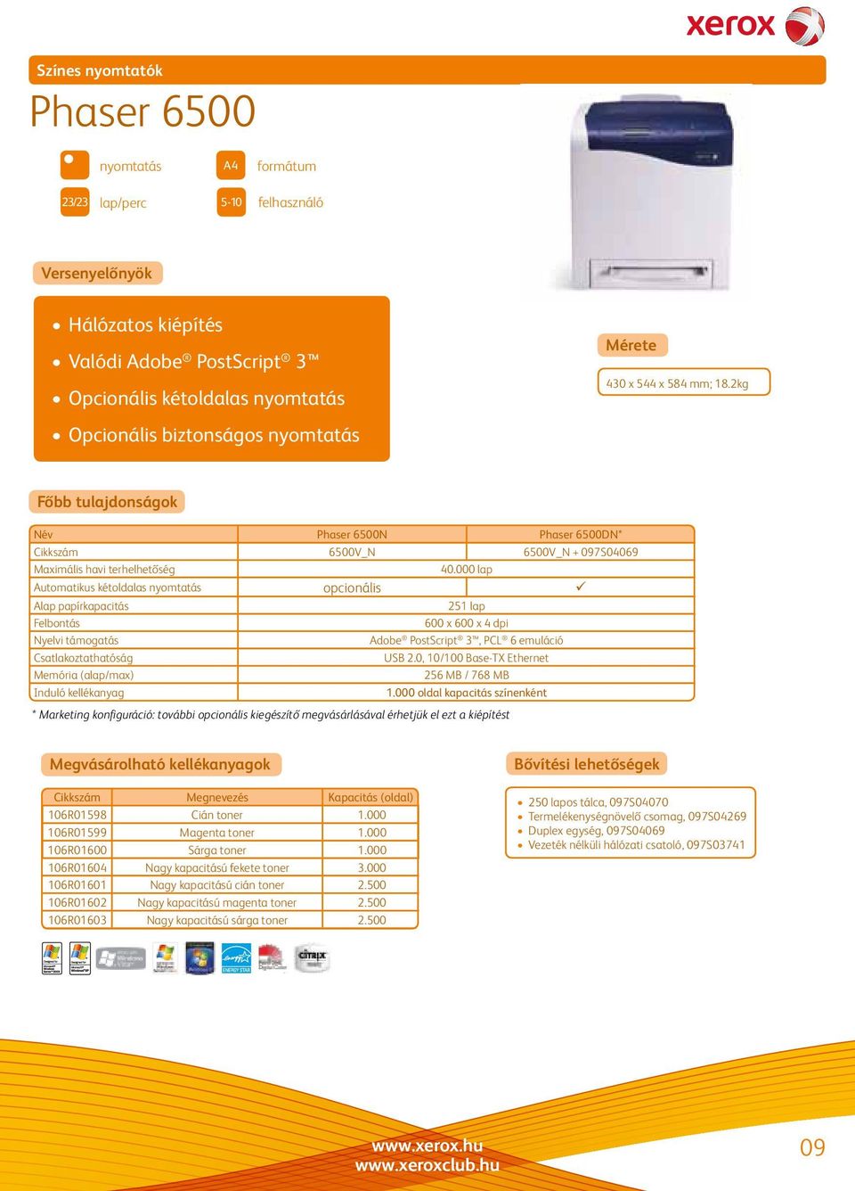 000 lap Automatikus kétoldalas nyomtatás opcionális Alap papírkapacitás 251 lap 600 x 600 x 4 dpi Adobe PostScript 3, PCL 6 emuláció Csatlakoztathatóság USB 2.