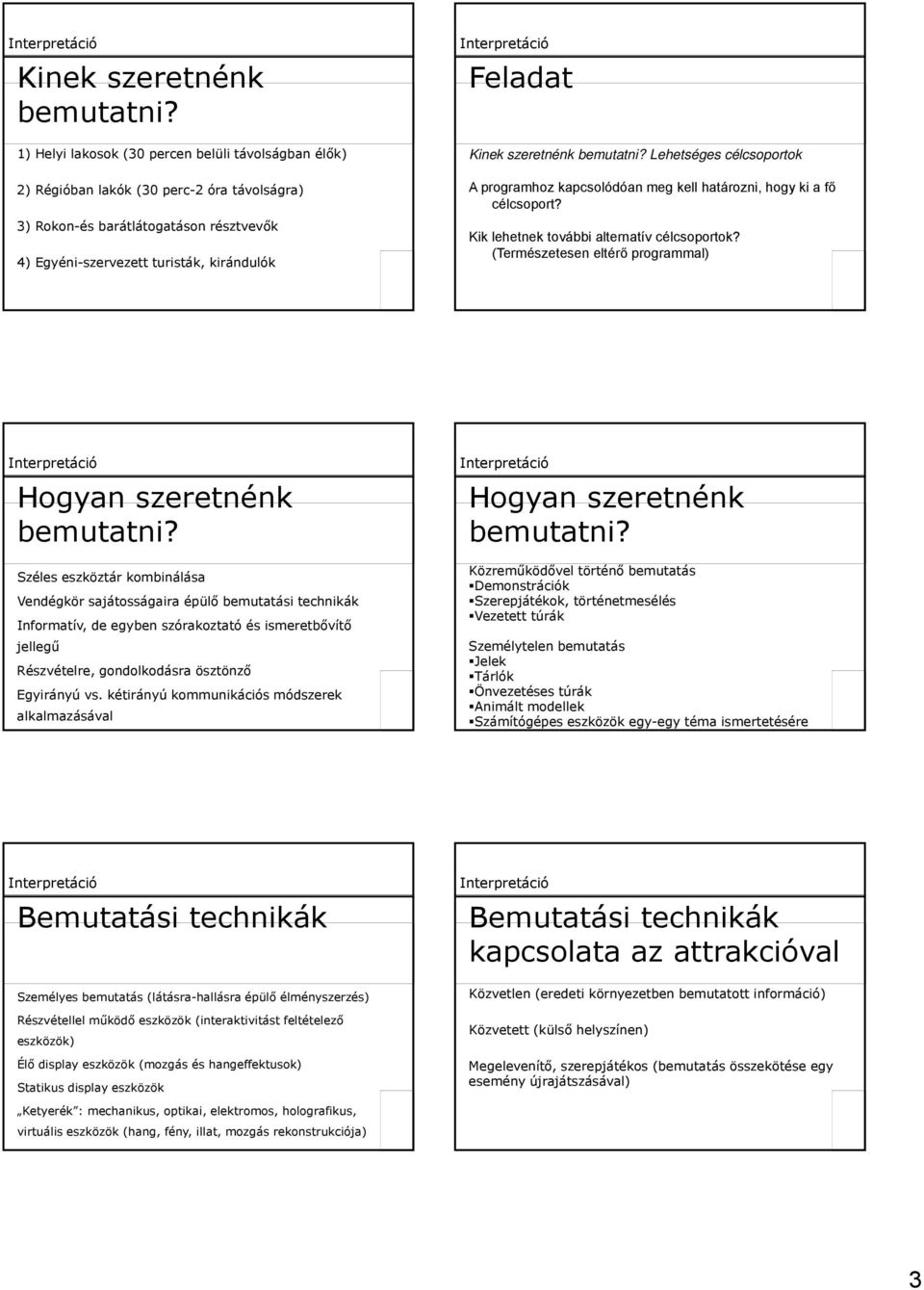 célcsoportok A programhoz kapcsolódóan meg kell határozni, hogy ki a fő célcsoport? Kik lehetnek további alternatív célcsoportok? (Természetesen eltérő programmal) Hogyan szeretnénk bemutatni?