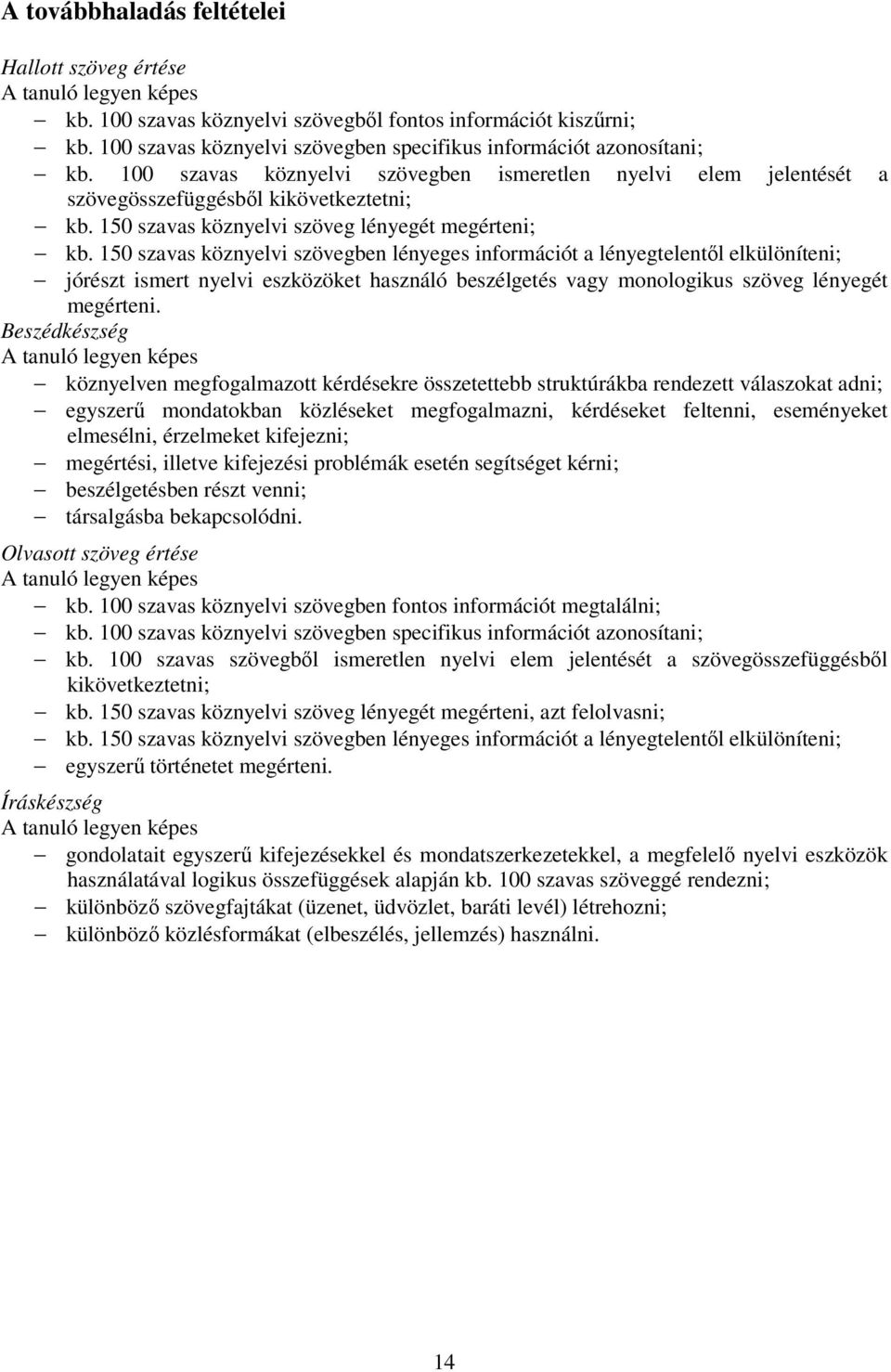 150 szavas köznyelvi szövegben lényeges információt a lényegtelentől elkülöníteni; jórészt ismert nyelvi eszközöket használó beszélgetés vagy monologikus szöveg lényegét megérteni.