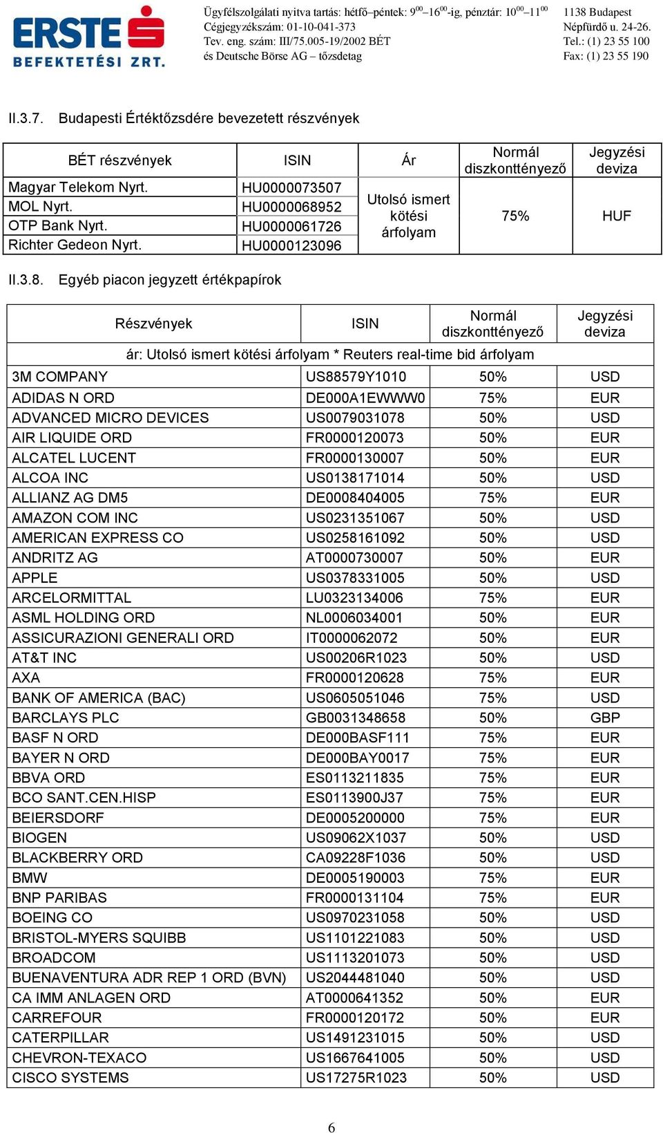 52 HU0000061726 HU0000123096 Utolsó ismert kötési árfolyam Normál diszkonttényező Jegyzési deviza 75% HUF II.3.8.