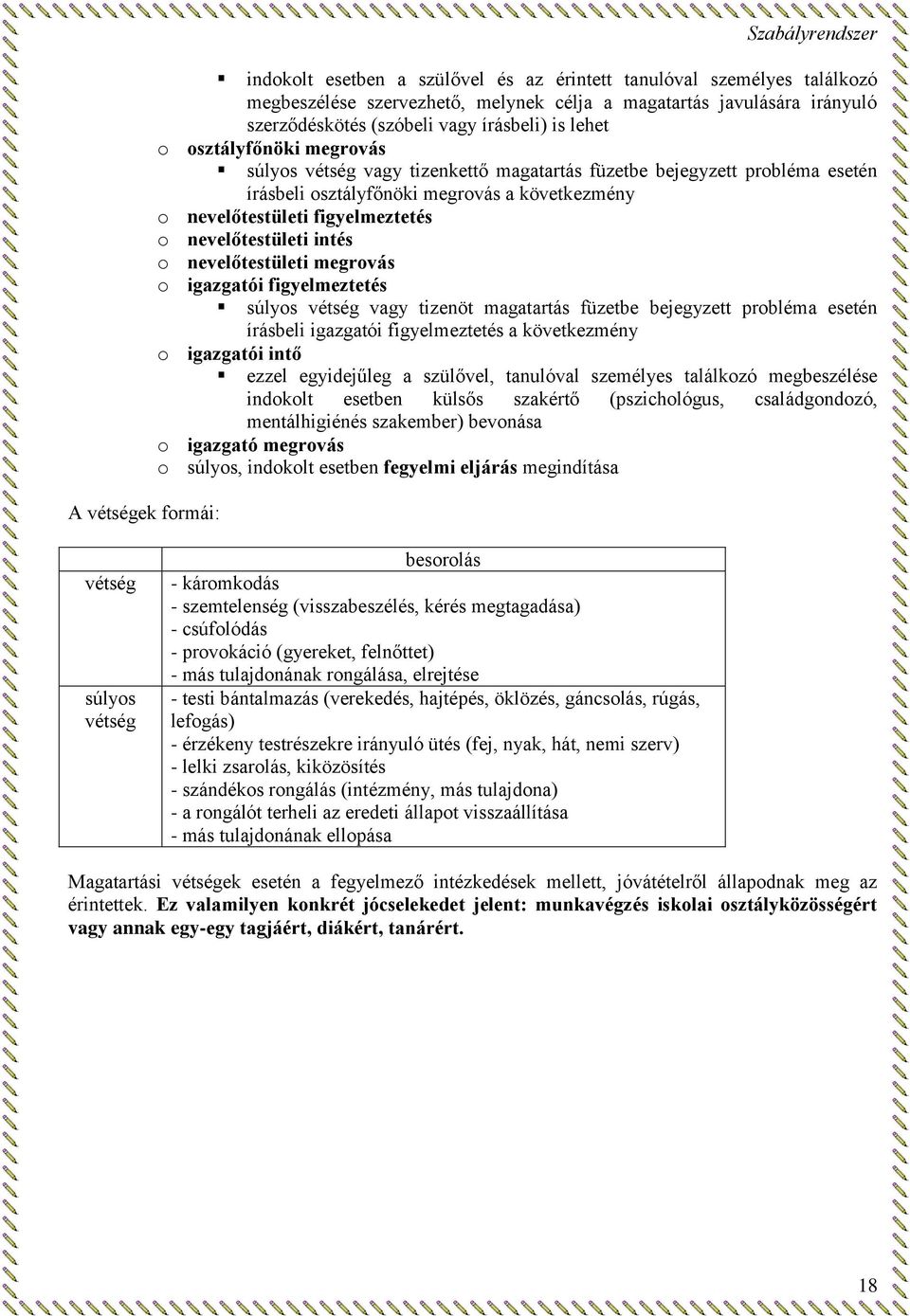 figyelmeztetés o nevelőtestületi intés o nevelőtestületi megrovás o igazgatói figyelmeztetés súlyos vétség vagy tizenöt magatartás füzetbe bejegyzett probléma esetén írásbeli igazgatói figyelmeztetés