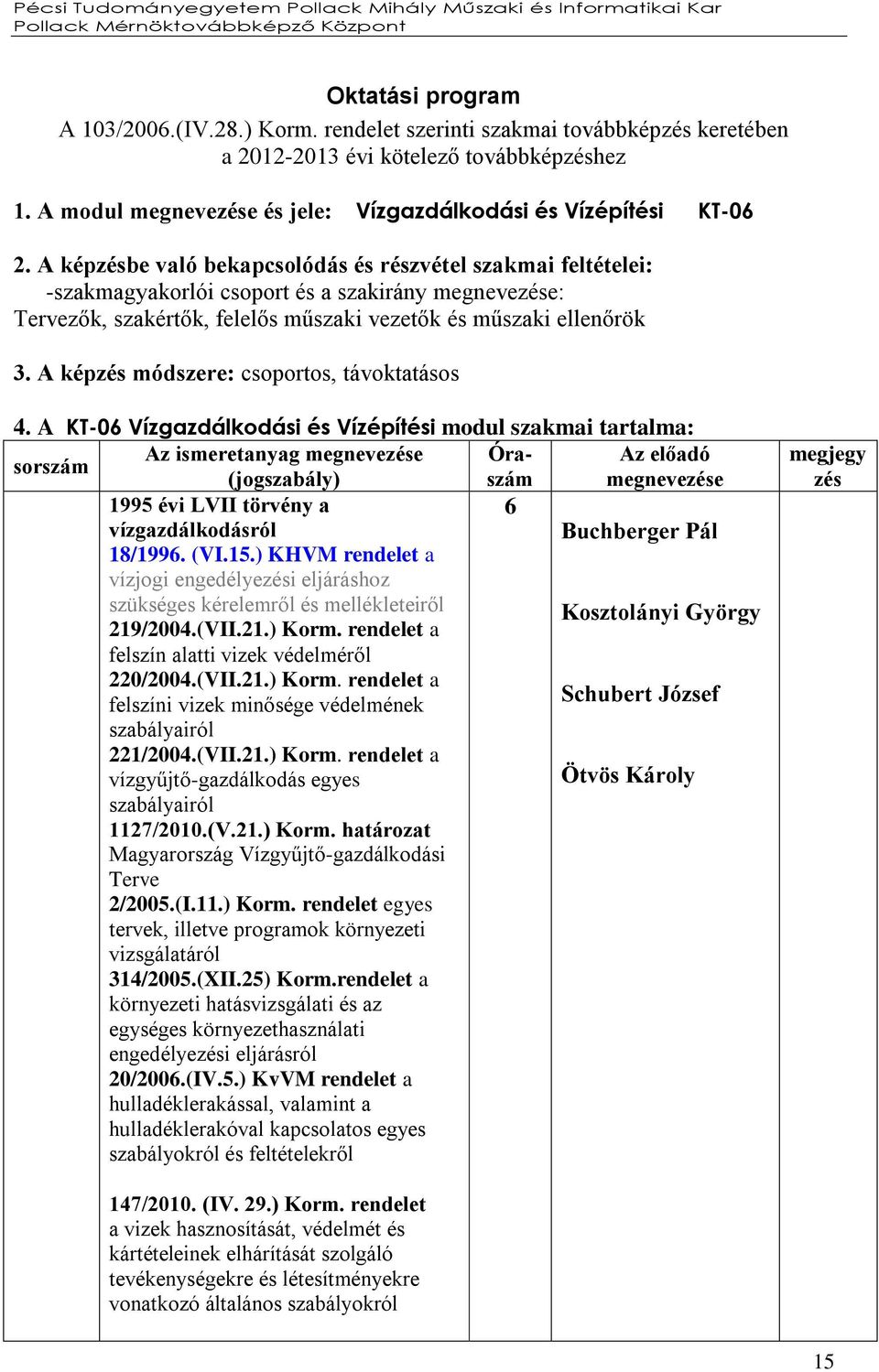 A képzésbe való bekapcsolódás és részvétel szakmai feltételei: -szakmagyakorlói csoport és a szakirány megnevezése: Tervezők, szakértők, felelős műszaki vezetők és műszaki ellenőrök 3.