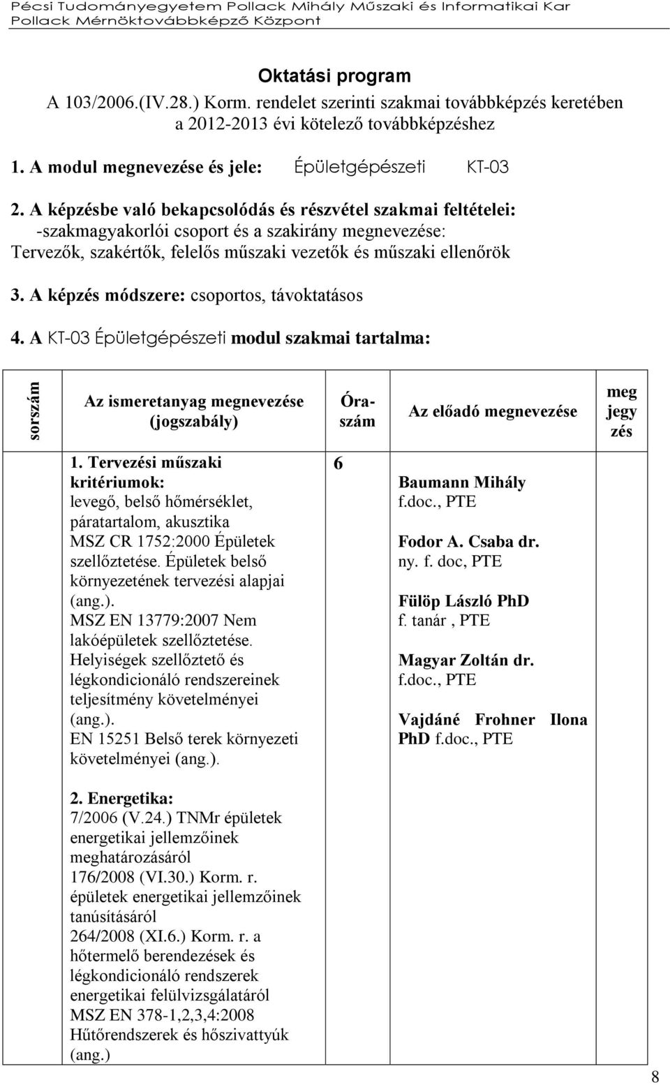 A képzés módszere: csoportos, távoktatásos 4. A KT-03 Épületgépészeti modul szakmai tartalma: sorszám Az ismeretanyag megnevezése (jogszabály) Óraszám Az előadó megnevezése meg jegy zés 1.